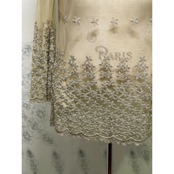 Anthropologie RYU Embroidered Top Sm Scalloped BOHO Bell Sleeve Overlay Blouse - Picture 4 of 9